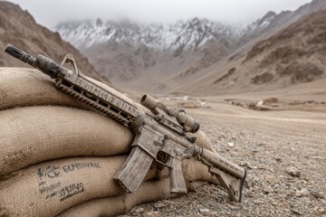 Fototapeta premium Camouflaged modern military rifle resting on sandbags in a rugged mountainous landscape with snow-capped peaks in the background during daytime.