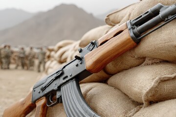Fototapeta premium A close-up shot of an AK-47 assault rifle leaning against sandbags in a military setting, soldiers in the background, focusing on the weapon and defensive position.
