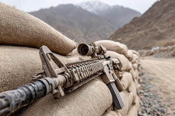 Fototapeta premium A close-up of a rifle on a sandbag barrier in a mountainous, war-torn landscape, reflecting the harsh reality of conflict and the tools of modern warfare, creating a stark image.