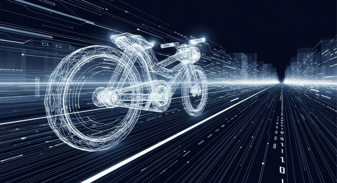 Futuristic Motorcycle Concept on Digital Highway - High-Tech Transportation.