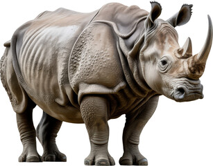 Fototapeta premium A detailed profile view of a majestic rhinoceros standing tall with a large prominent nose horn