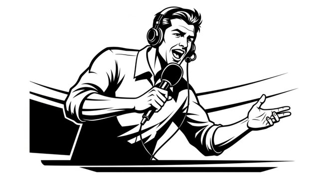 Energetic Sports Announcer Broadcasting Live with Microphone and Headset.