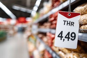 A close-up view of a price tag in a supermarket, displaying the price of nuts, focusing on the numbers and the supermarket aisle in the background.
