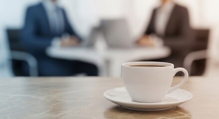 Fototapeta premium Businessmen Working on Laptops with Cup of Coffee on Desk in Shallow Depth of Field Office Setting