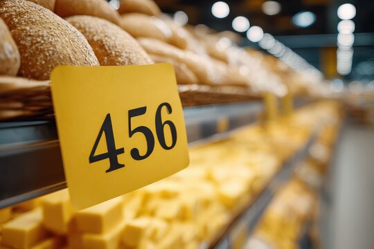 Close-up of yellow price tag with number 456 and assortment of food product, bread and cheese on shelf in blurry supermarket, shopping for groceries in a store.