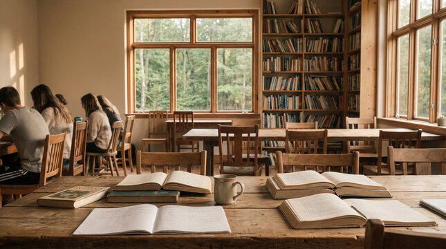 Sala de estudos visao primeira pessoa mesa livros abertos