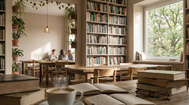 Sala de estudo com livros estante e pessoas