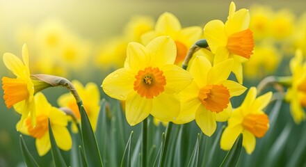 Fototapeta premium Vibrant Yellow Daffodils Blooming in Spring Sunshine, Close-up Macro of Narcissus Flowers with Green Leaves, Natural Beauty and Growth
