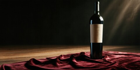 Naklejka premium Dark wine bottle rests upon draped fabric. Dramatic lighting creates shadows, highlighting rich textures, elegant presentation.
