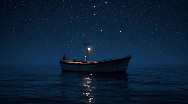 Fishing boat with glowing lantern floats on tranquil, star-lit ocean at night