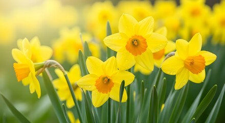 Fototapeta premium Vibrant Yellow Daffodils in Bloom, Spring Flowers Blossom with Golden Sunlight, Nature's Beauty Close-up
