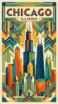Chicago Illinois skyline art deco travel poster