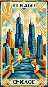 Chicago skyline and river art deco travel poster
