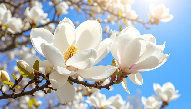 Close-up of white magnolia flowers blooming on tree branch with clear blue sky background