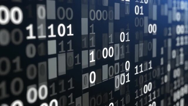 A close-up view of binary code on a digital screen with 1s and 0s