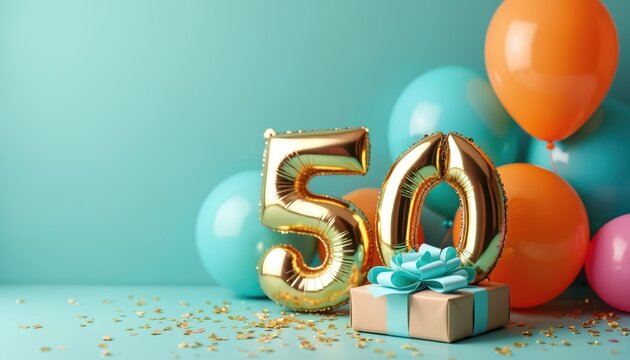 Golden number 50 balloons and gift box with bow, bright festive balloons, confetti scattered on table. Celebrate milestone anniversary event.