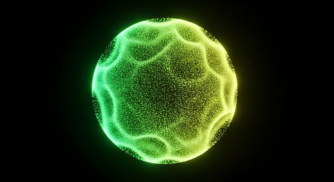 a glowing green and yellow abstract particle sphere with a pulsating wavy surface representing data network and scientific innovation concepts.