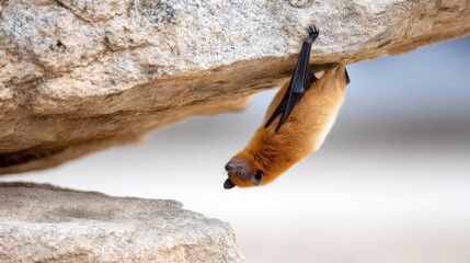 Obraz premium Bat hanging upside down under rock ledge with wings folded. Close-up of nocturnal mammal with orange fur and dark wings. Wildlife animal resting in natural habitat