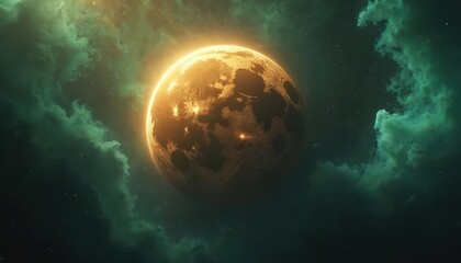 Fototapeta premium Glowing golden planet in colorful nebula with stars and gas clouds. This cosmic scene evokes wonder and mystery of deep space exploration and fantasy worlds.