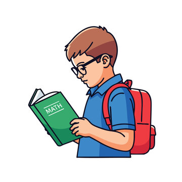 Young boy in glasses reading a green math book with a red backpack