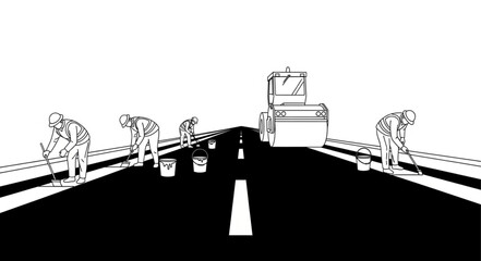 Obraz premium Road Workers Painting Lines on Highway with Truck.