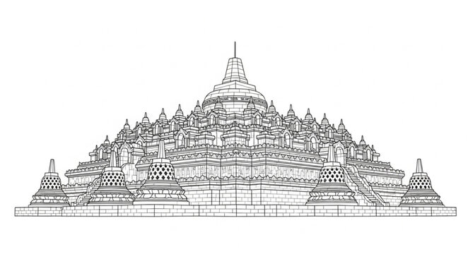 Detailed Line Art Depiction of the Borobudur Temple Complex.