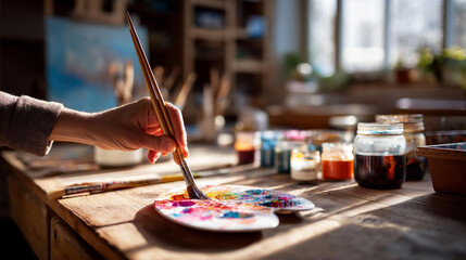 Obraz premium Close up of a hand holding a paint loaded brush over a colorful palette in a sunlit artist studio paint splatters on the wooden table surface defocused bright creative space