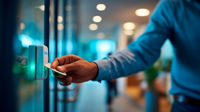 Close up of a hand holding a white access card approaching an electronic wall mounted reader with a glowing green indicator light clean modern corridor with bright even lighting