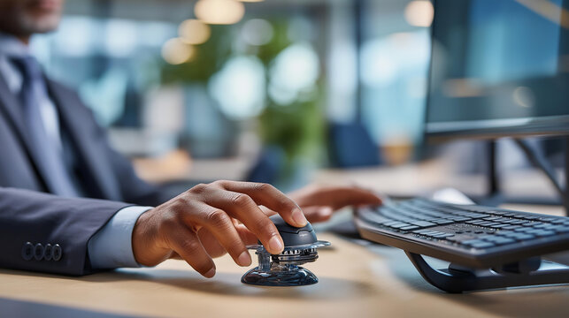 Close up of a hand operating an ergonomic trackball device on a clean adaptive desktop workspace with a large high contrast monitor and adjustable keyboard tray defocused bright