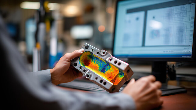 Close up of a monitor screen showing a 3D metal bracket model with color coded displacement and force stress visualization in red yellow and blue gradients engineer hand moving