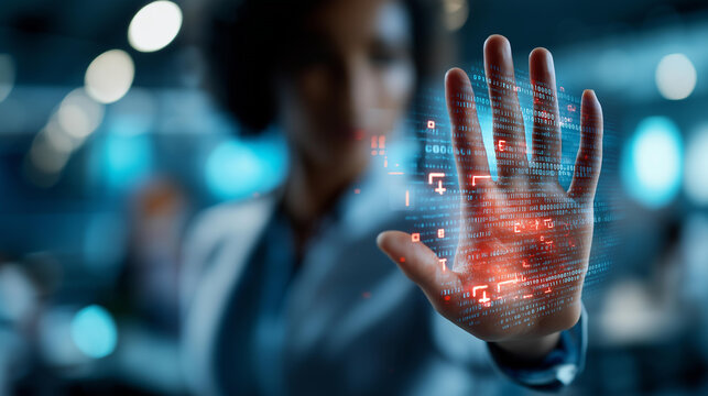 Close up of a hand raised in a stop gesture behind a translucent digital firewall barrier with cascading binary code and red warning glyphs defocused bright clean office
