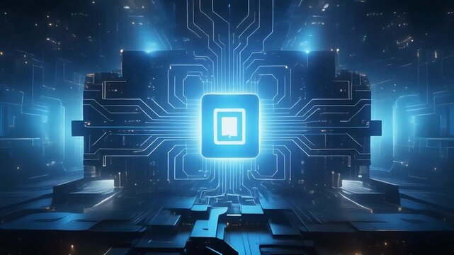 A futuristic digital circuit board with a glowing blue square in the center, surrounded by metallic pathways and wires, emitting a sense of high-tech innovation and technological advancement