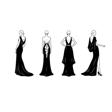 Four different black evening gowns with various necklines