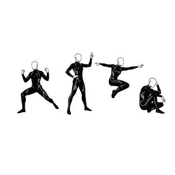 Four black and white illustrations of a person in a unitard performing different poses