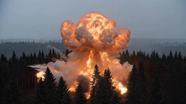 A massive explosion occurs in a forest, causing destruction and chaos in the surrounding trees and environment.