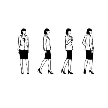 Four poses of a businesswoman in a skirt and blazer
