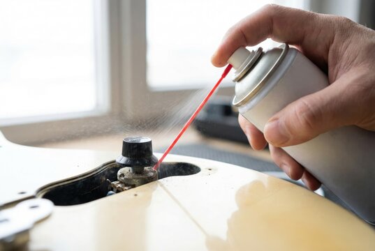 Repairing electric guitar by spraying contact cleaner into the volume potentiometer