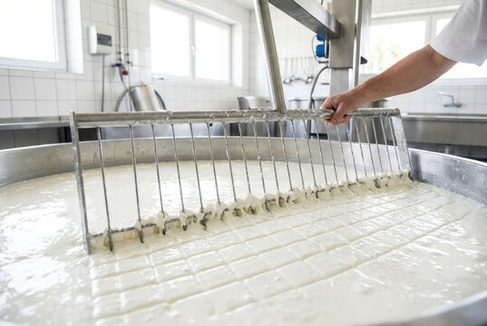 Dairy worker using a cheese harp to cut curds in a large vat
