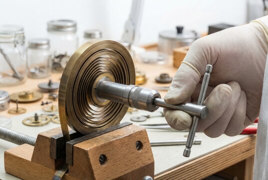 Watchmaker winding a large brass clock mainspring using a specialized hand tool