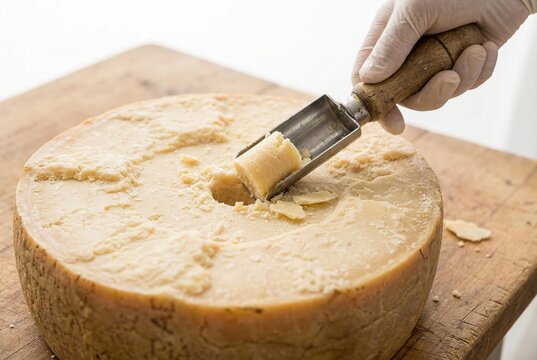 Using a trier tool to extract a core sample from a large wheel of cheese