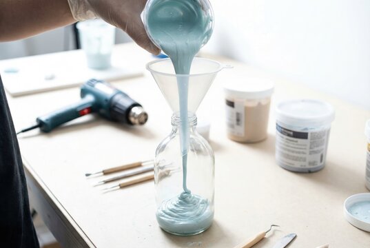 Pouring light blue liquid clay slip through a plastic funnel into a glass bottle