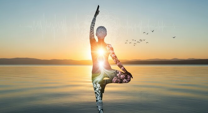 Abstract Spiritual Yoga Silhouette in Tree Pose with Cosmic Energy, Sacred Geometry, and Sound Waves at Sunset over a Calm Lake