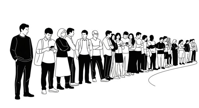 A long line of people waiting in an orderly fashion.