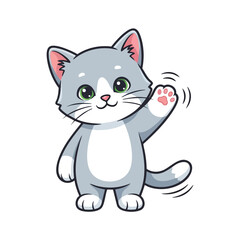 Obraz premium Cute cartoon gray kitten with green eyes waving hello cheerfully