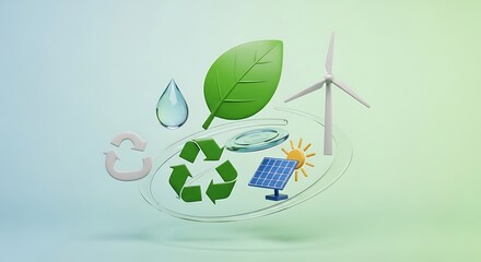Obraz premium Dynamic 3D illustration showcasing interconnected sustainable energy solutions and environmental conservation symbols, emphasizing a commitment to a greener future and ecological responsibility