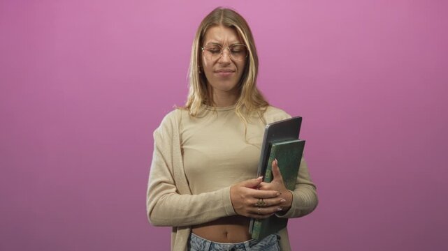 Young blonde woman wearing glasses holding a green book and tablet, clasping them to her chest and grimacing in a pink studio; study frustration.