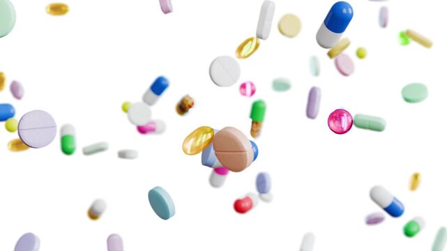 Abstract Pharmaceutical Rain Concept: Diverse Pills Falling in Slow Motion, 4K High Quality 3D.