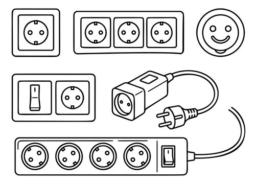 Hand drawn line art electrical outlets set featuring wall sockets, power strips, and an adapter plug for power supply and home electronics