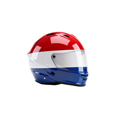 Fototapeta premium Sports Helmet Fully Covered in Netherlands Flag Red White Blue Design, Dutch Patriotic Protective Gear Isolated on White Transparent Background