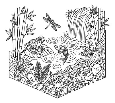 Hand drawn line art illustration of a pond ecosystem depicting a frog, fish, and dragonfly with a waterfall for nature themes